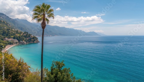 Fototapeta Naklejka Na Ścianę i Meble -  Palm tree and landscape in a coastal setting, highlighting erosion risk