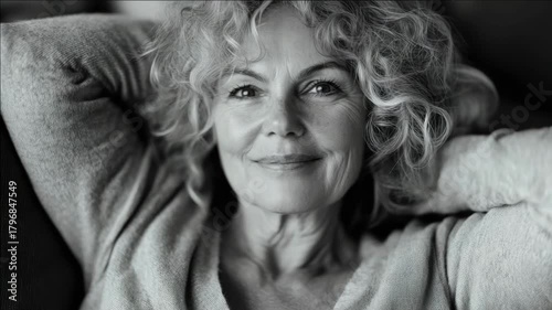 Woman resting eyes closed, hair tied back, casual clothing, indoor setting.