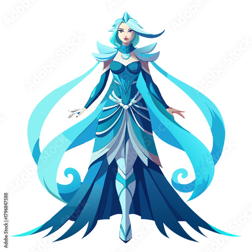 Cartoon vector illustration of a beautiful girl in a blue dress with a flowing scarf, showing her face and hair