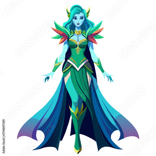 Fashion illustration vector sketch of beautiful cartoon lady models, a girl in a green dress and a girl in a blue dress, with art hair and princess style design