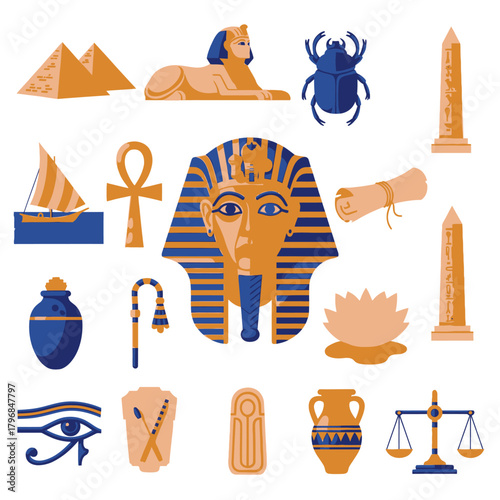 Colorful vector illustration featuring Egyptian symbols pharaoh mask, pyramids, ankh, scarab, obelisks, and others