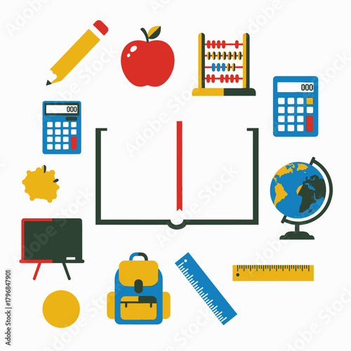 Colorful vector illustration of school supplies. Features a book, globe, abacus, and more