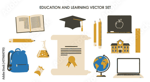 A vector illustration of education elements. Includes items like books, pencils, diploma, school, and globe