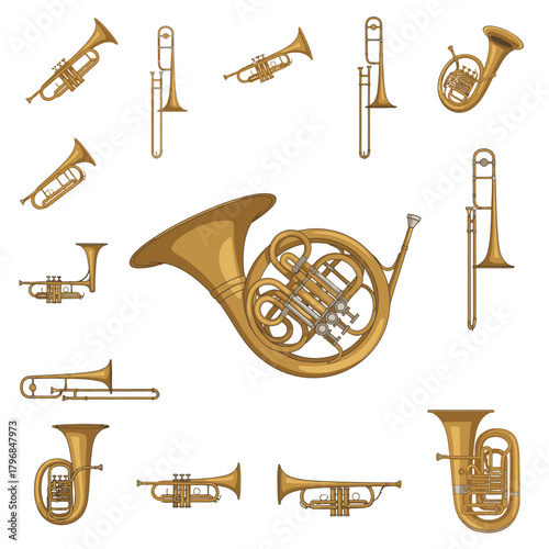 A collection of various brass musical instruments, rendered with a simple, digital, and cartoonish style