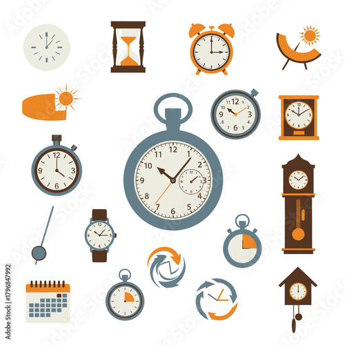 A collection of various clocks, time-related tools, and calendar illustrations in a flat, cartoonish style