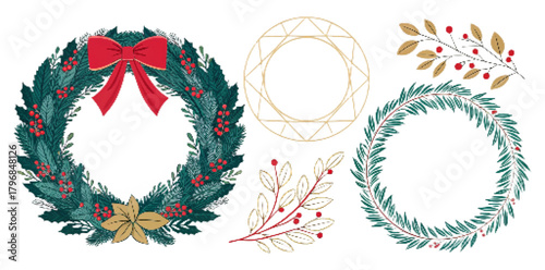 Christmas Wreath Vector Set Flat Design Illustration – Traditional, Geometric, and Minimal Outline Styles, Festive Decorative Clipart PNG

