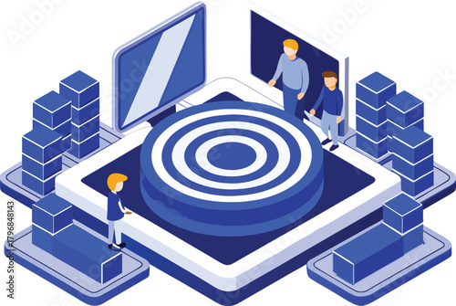 Detailed Isometric Vector Illustration Showcasing Business People Working Together To Achieve Corporate Goals Focused On A Central Bullseye Target Platform Surrounded By Digital Data Storage