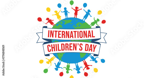 Colorful silhouettes of children holding balloons surround the earth with text on a banner