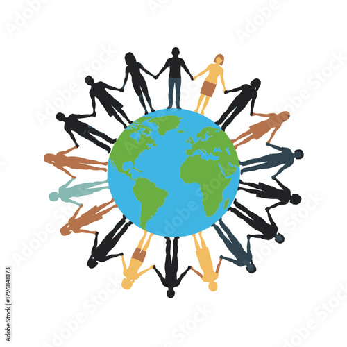 A stylized illustration features people holding hands around the Earth, symbolizing unity and global connection