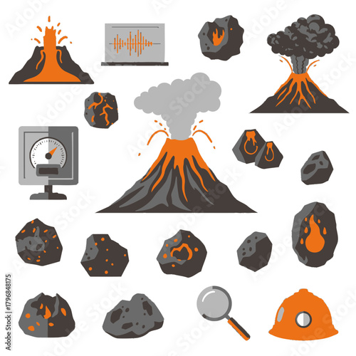 Colorful illustrated set of volcanoes erupting, various rock formations, and geological tools