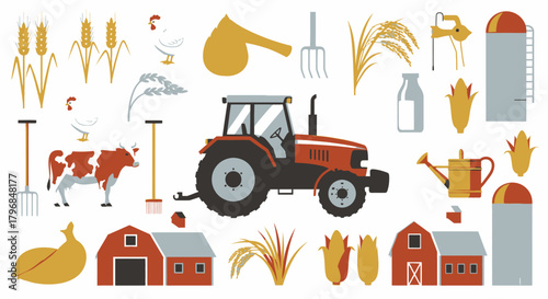 A vector illustration depicts farm elements tractor, crops, animals, structures, and tools