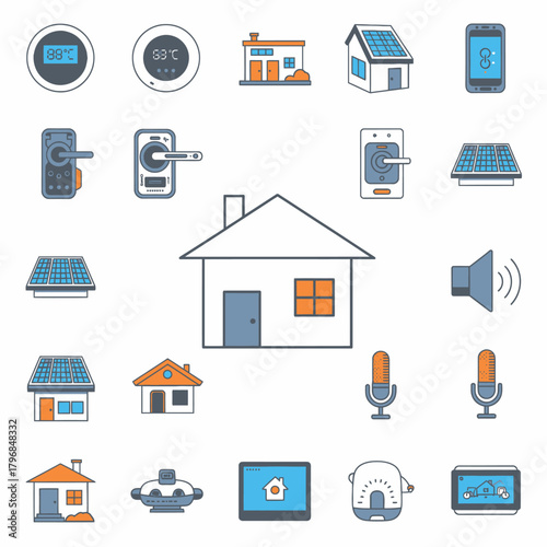 Collection of stylized icons representing smart home technology and related devices