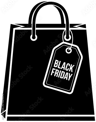 Black Friday deals shopping bag with bold text tag promoting retail sales event