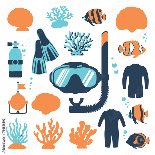 Colorful illustrated set with snorkeling and diving equipment, coral, fish, and wetsuits