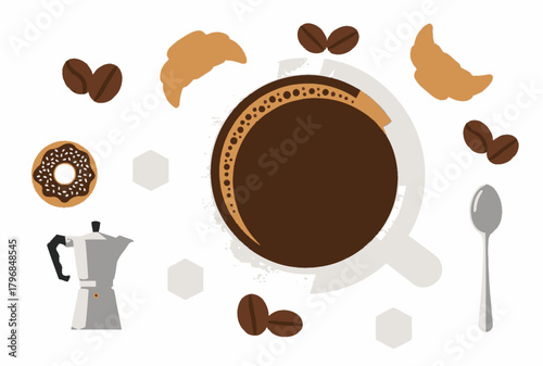 Illustration featuring coffee, baked goods, and brewing tools on a white background