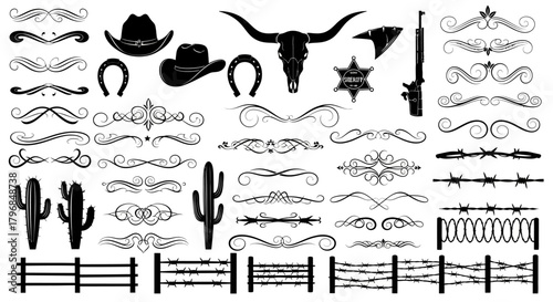 Wild West Cowboy Vector Elements | Barbed Wire and Longhorn Silhouette Clipart