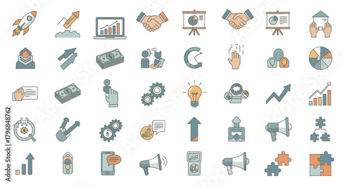 A collection of business-related icons including rockets, money, gears, charts, and handshakes