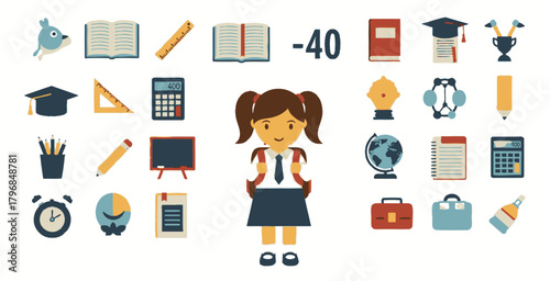 A collection of educational icons and school supplies surrounds a smiling young student