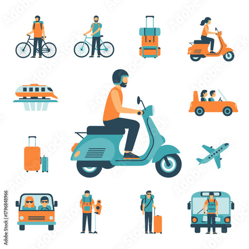Colorful travel and transportation themed illustration depicting various modes of travel and travelers