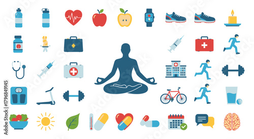 Collection of health and wellness icons in a flat design style, including fitness, diet, and healthcare