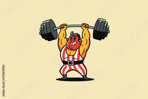Strongman lifting heavy weights cartoon character illustration.
