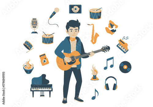 Illustration of a musician surrounded by musical instruments and symbols of music