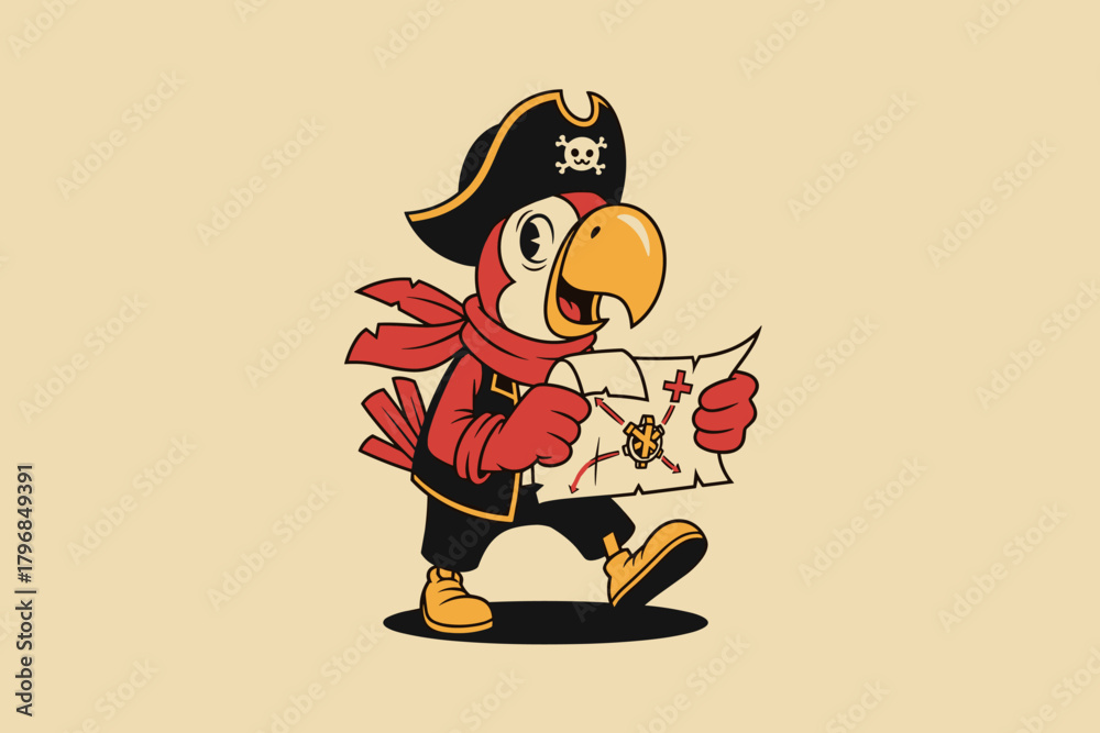 Fototapeta premium Cartoon Pirate Parrot Holding Treasure Map.