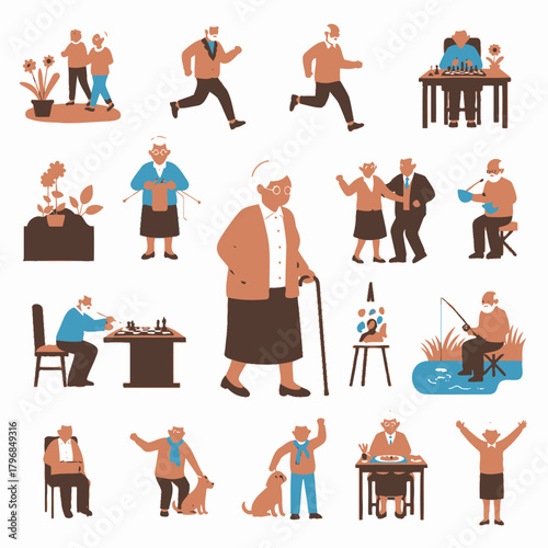 A collection of simple illustrations depicting various activities and hobbies of a senior group