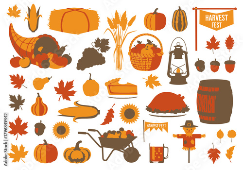 A collection of harvest-themed illustrations with pumpkins, cornucopia, wheat, and seasonal foliage