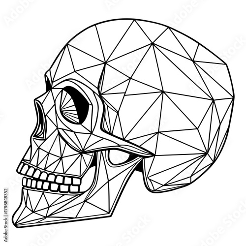 Geometric line drawing of a human skull in right profile, composed of interconnected triangular facets in a low-poly style.