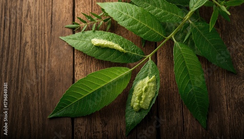 Medicinal Neem leaves with paste on a wooden surface, promoting herbal benefits