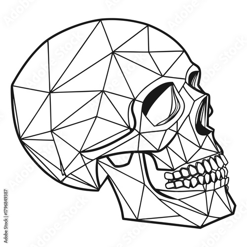 A minimalist geometric low-poly skull illustration, created entirely from sharp angular polygon shapes and clean black outlines. The skull is perfectly symmetrical, composed of triangular.