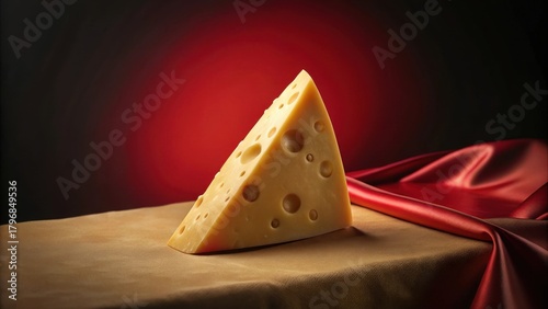 Fototapeta Naklejka Na Ścianę i Meble -  Ritualistic cheese wedge carved with precision on a crimson velvet background