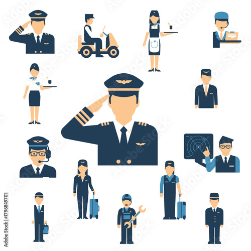 Flat vector illustrations depicting various professions pilots, flight attendants, and service personnel