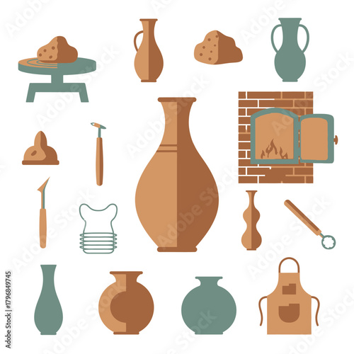Flat vector illustration of pottery tools, clay, kiln, and finished vessels, in brown and teal