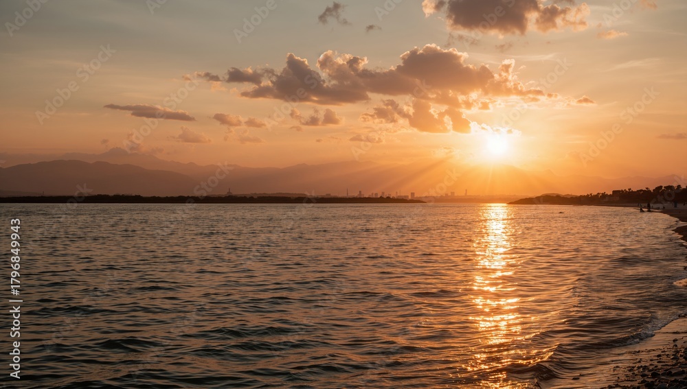 Obraz premium Golden sunset reflecting on the river, tranquil background for relaxation