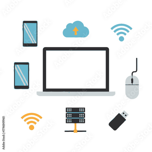 A stylized illustration featuring devices for wireless communication and cloud technology