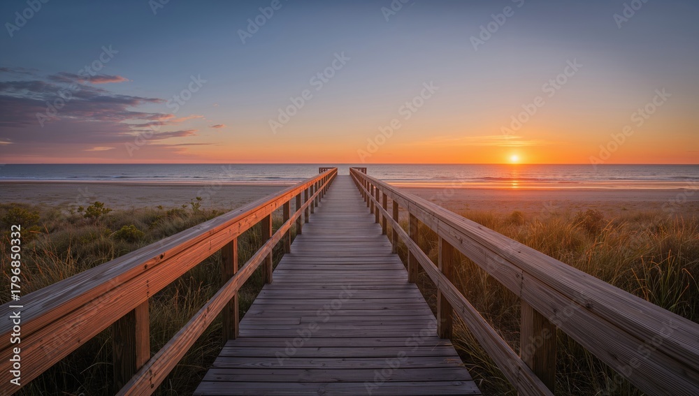 Fototapeta premium Vertical symmetrical wooden bridge leading to the beach, ideal for scenic backgrounds