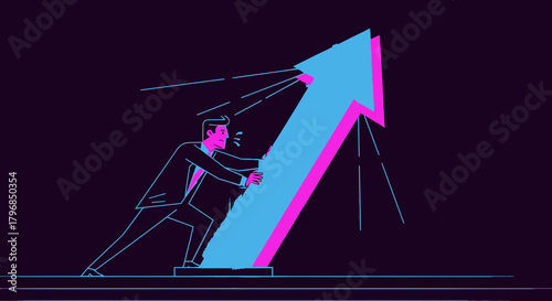 Business Growth Man Pushing Arrow Upward in a Dynamic Economy