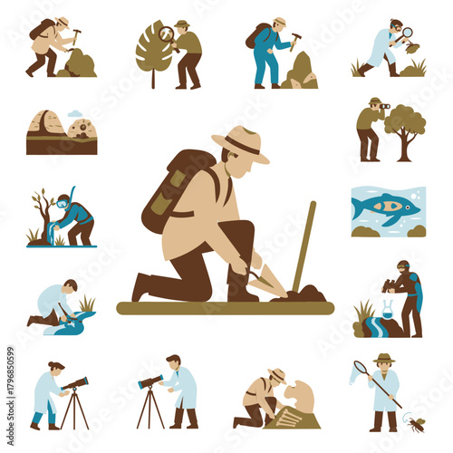 Collection of various scientists in different fields, observing, researching, using tools in their environment