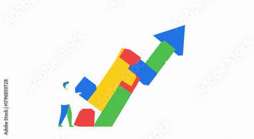 A minimalist graphic showing collaborative effort as abstract shapes construct an upward-pointing arrow, representing growth, achievement, and strategy