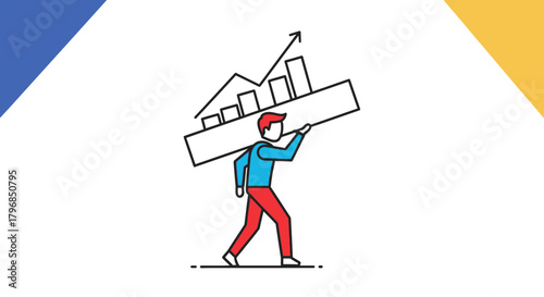 Vector illustration of a person carrying a large, rising bar graph, representing the effort and responsibility for business growth and financial success