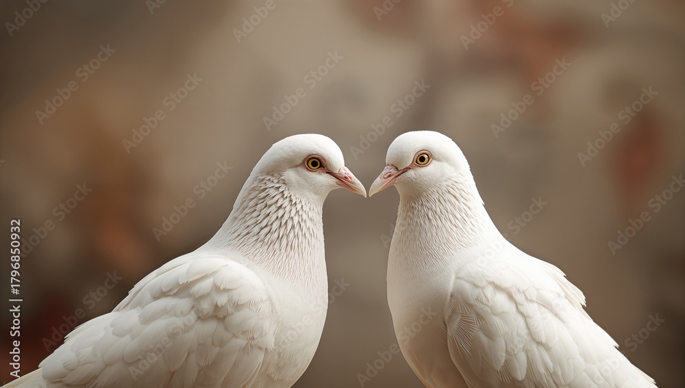 Fototapeta premium Symbol of purity and love with two white pigeons, emblem of peace, religious significance