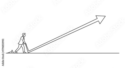 Business growth illustrated by a man pushing a large arrow upwards on a flat surface