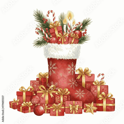 Stuffed Christmas Stocking Christmas Stocking with Gifts isolated watercolor vector illustration svg