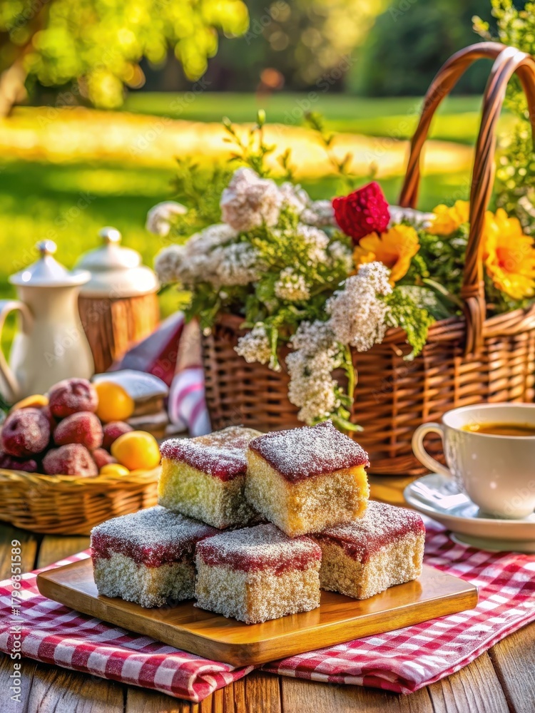 Fototapeta premium A Delightful Picnic Spread Tender Lamingtons in Vibrant Harmony