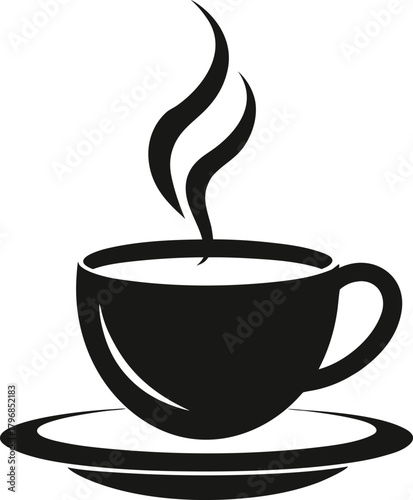 Simple silhouette of a steaming coffee cup on a saucer