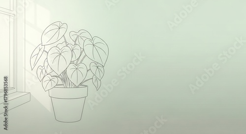 A simple line drawing of a potted plant near a window, creating a serene and calming atmosphere, ideal for home decor or gardening themes.