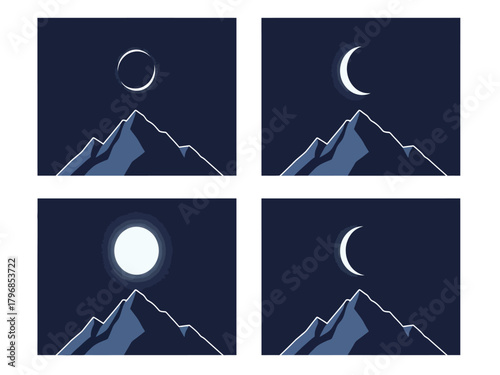 A set of four vector illustrations depicting various moon phases, including an eclipse, over a mountain range at night.