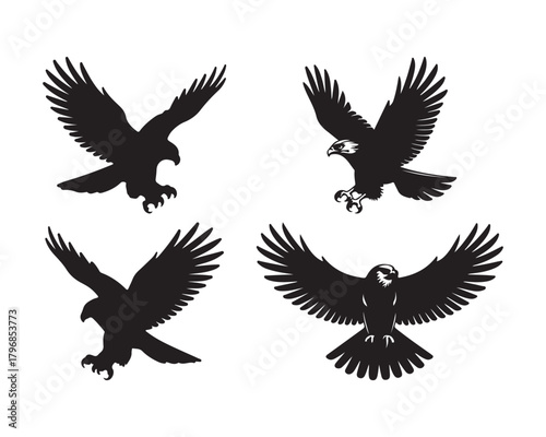 hawk silhouette, hawk vector, hawk collection, hawk set, bird of prey silhouette, flying hawk, hunting hawk, soaring hawk, majestic hawk design, forest hawk silhouette, sky hunter hawk vector